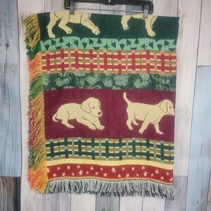 Dog Puppy Pattern Blanket Afgan Red Green Fringe Sides